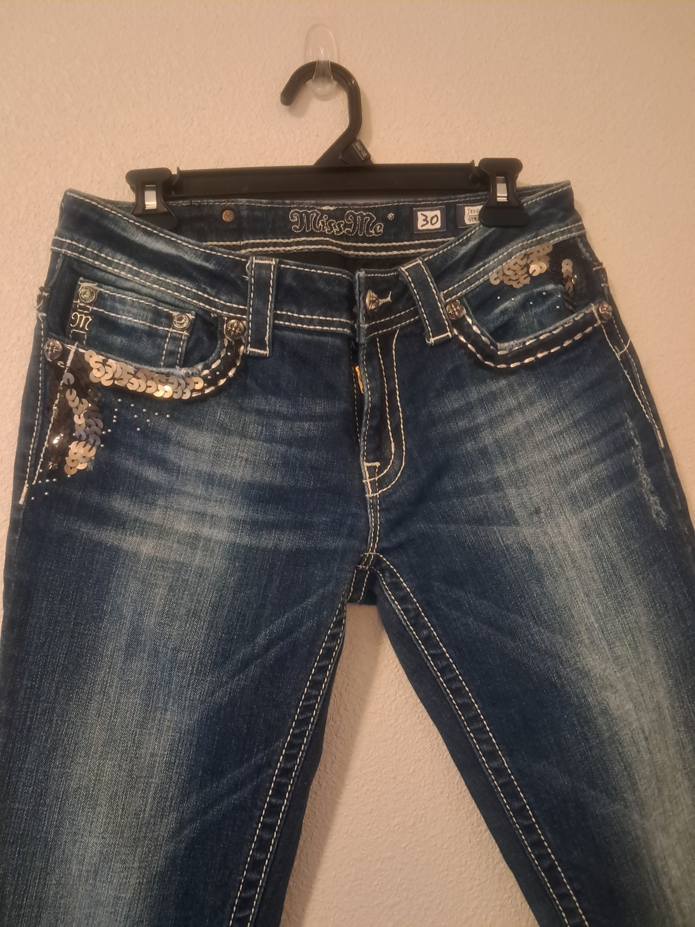 Miss Me Blue Straight Leg Jeans with Sequin Pocket Accents - Picture 2 of 7